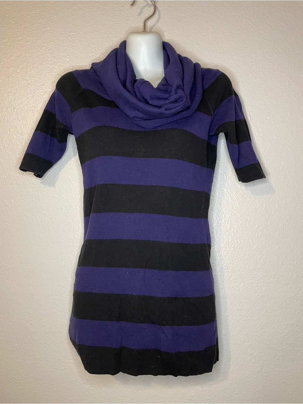 Express Striped Cowl Neck Sweater Tunic in Purple and Black Stripe